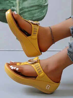Anti-Slip Women Orthopedic Sandals Casual Beach Comfy Shoes Mid-Wedge Flip Flops